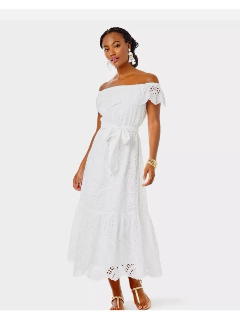 Lilly Pulitzer Geri Off-The-Shoulder Midi Dress in White Sz L *read description*